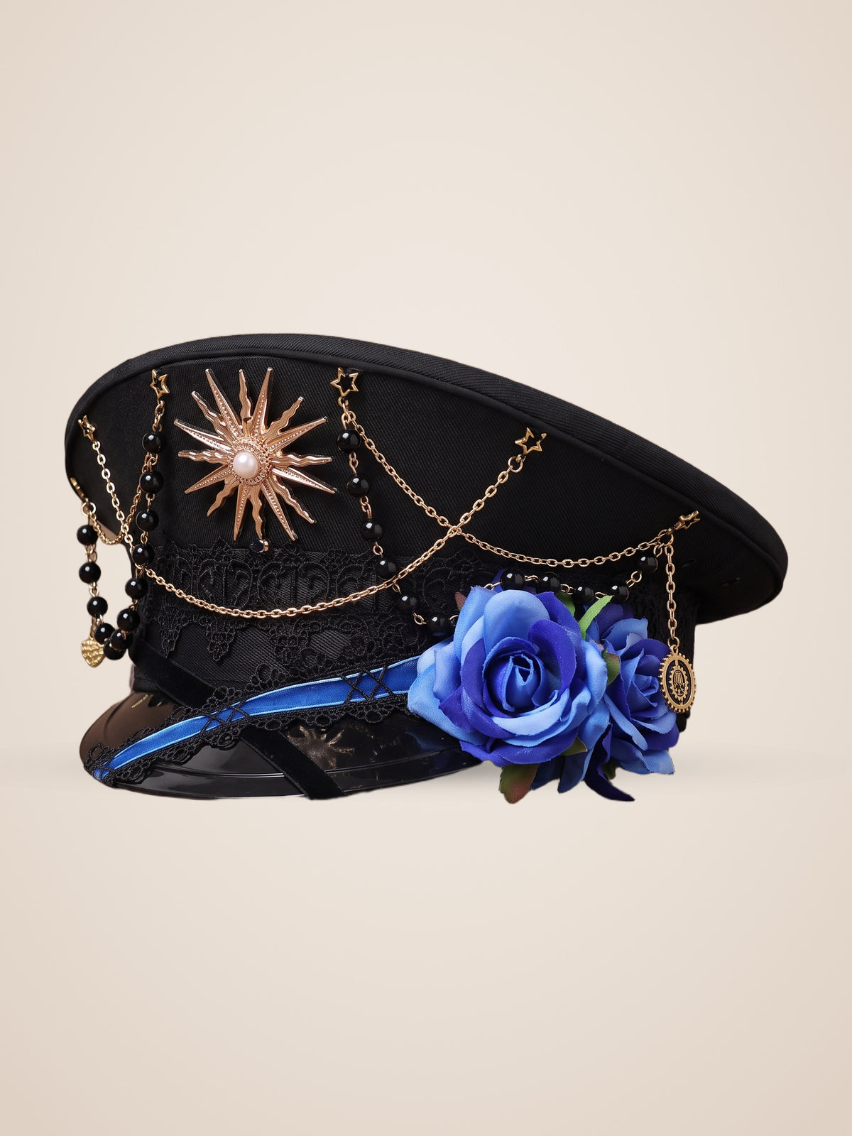 Copper Sunburst Medallion Officer Cap in Blue Roses, product photo, front view, front left