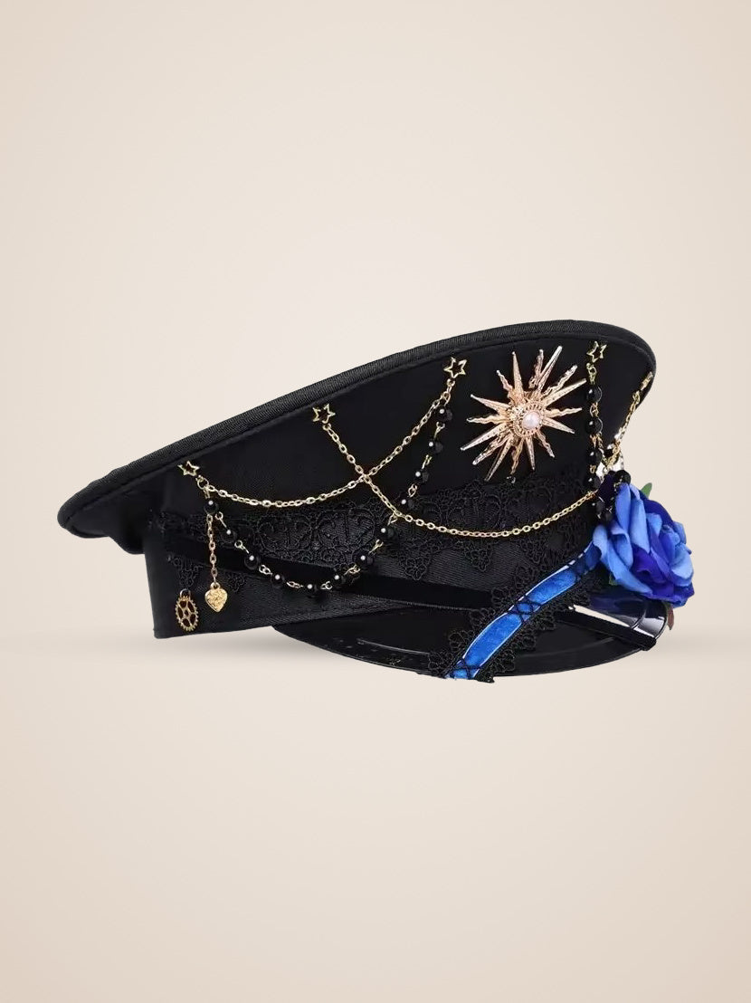 Copper Sunburst Medallion Officer Cap in Blue Roses, product photo, side view
