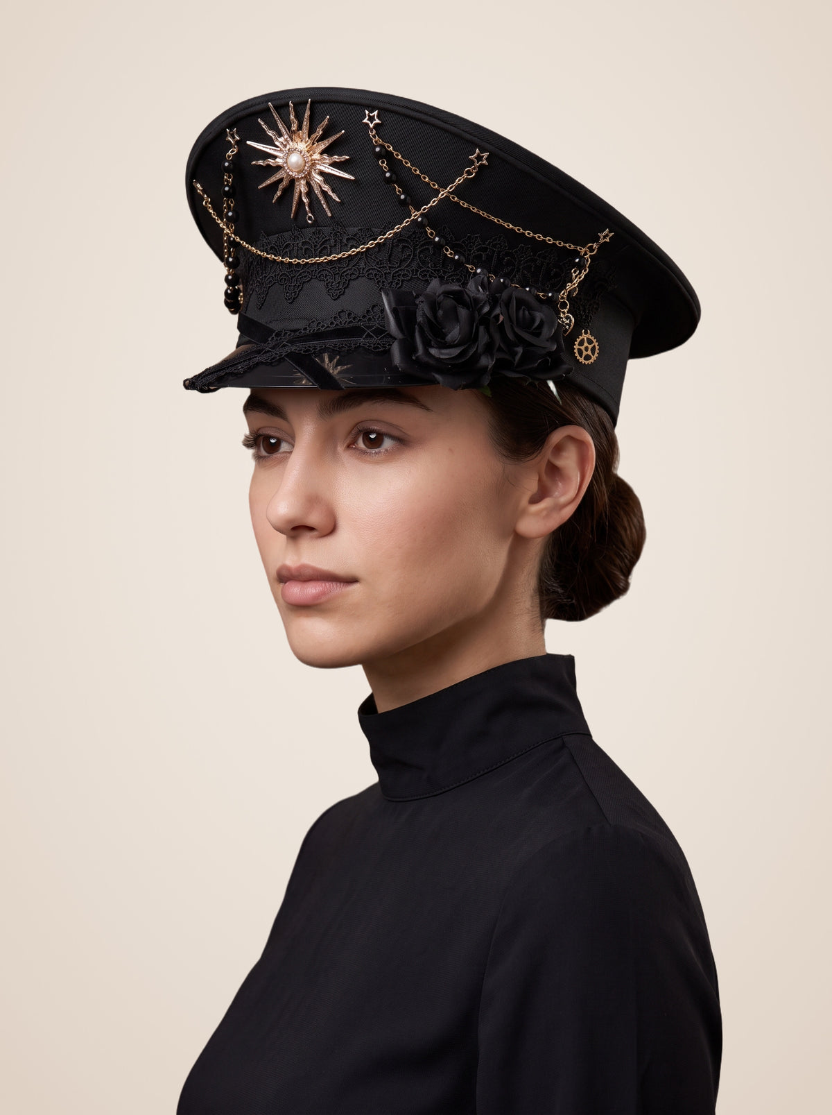 Copper Sunburst Medallion Officer Cap in Black Roses, worn by a model, three quarter view