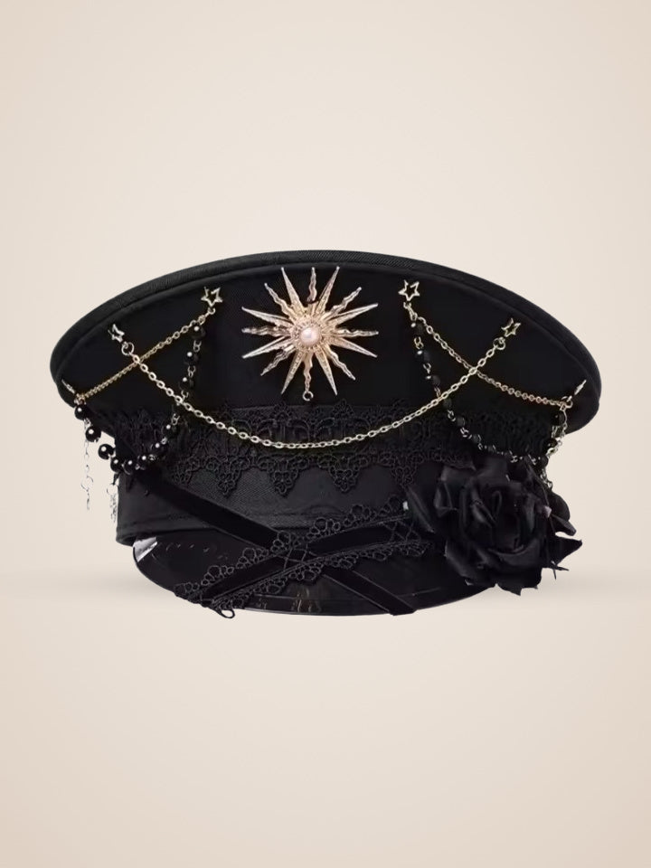 Copper Sunburst Medallion Officer Cap in Black Roses, product photo, front view, front, seen from below