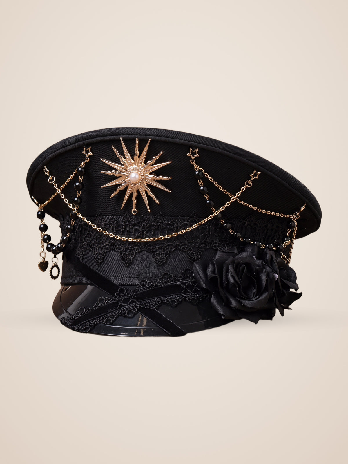 Copper Sunburst Medallion Officer Cap in Black Roses, product photo, front view, front, picture 14