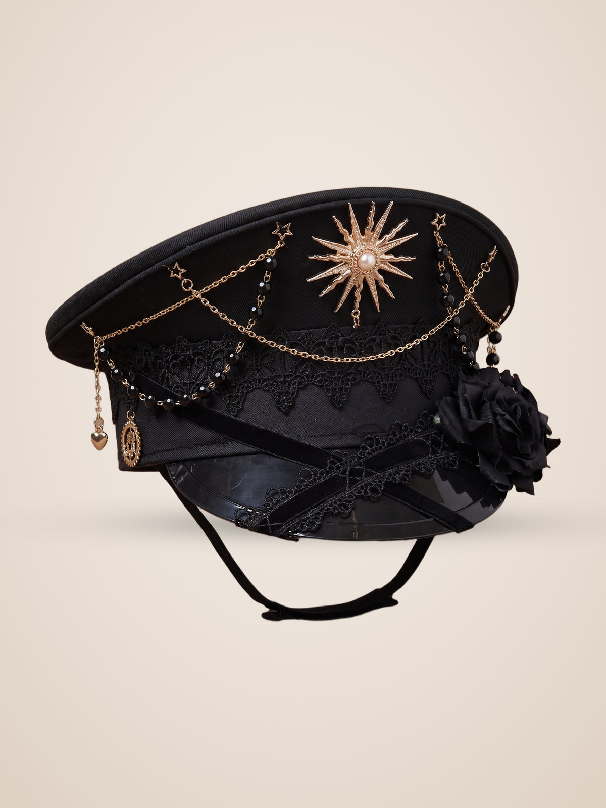 Copper Sunburst Medallion Officer Cap in Black Roses, product photo, front view, front, picture 15