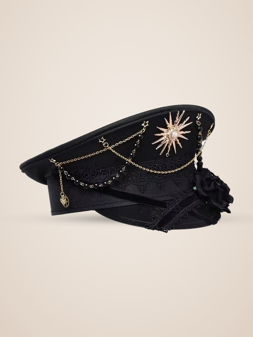 Copper Sunburst Medallion Officer Cap in Black Roses, product photo, side view