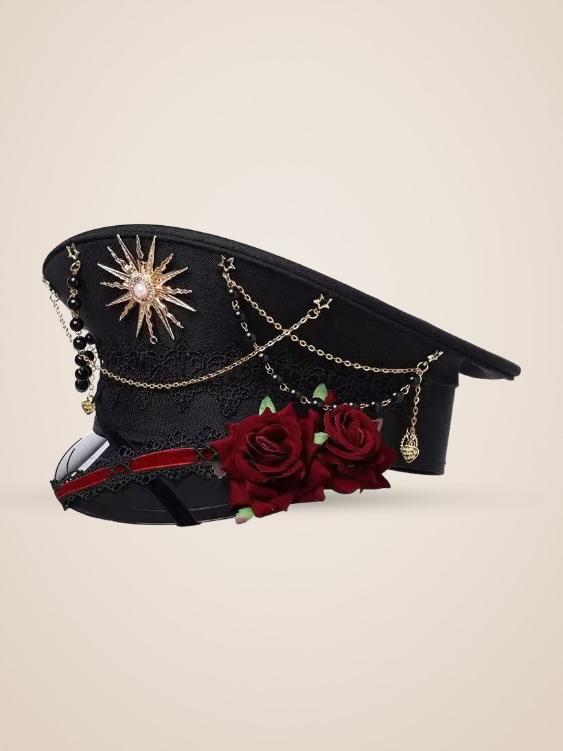 Copper Sunburst Medallion Officer Cap in Red Roses, product photo, three quarter view