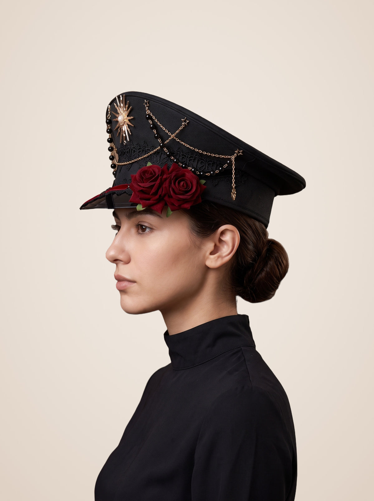 Copper Sunburst Medallion Officer Cap in Red Roses, worn by a model, side profile
