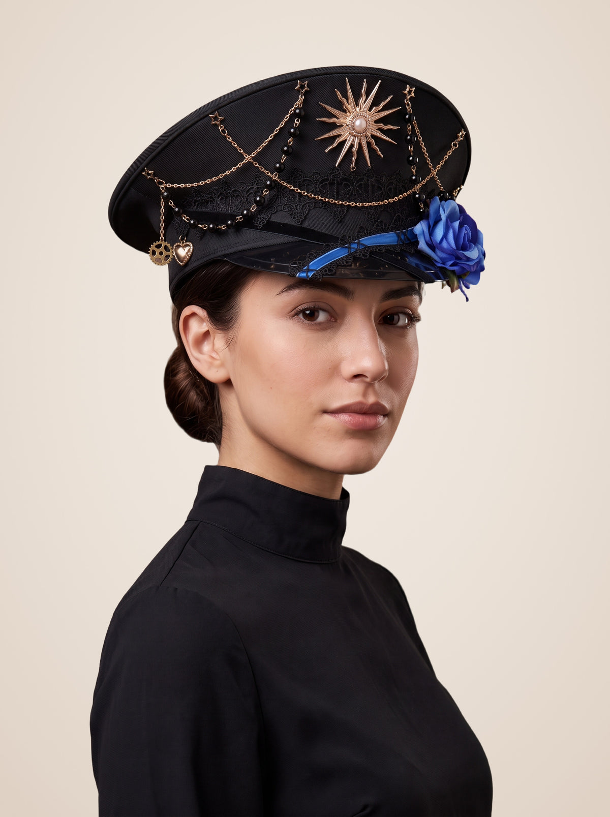 Copper Sunburst Medallion Officer Cap in Blue Roses, worn by a model, three quarter view
