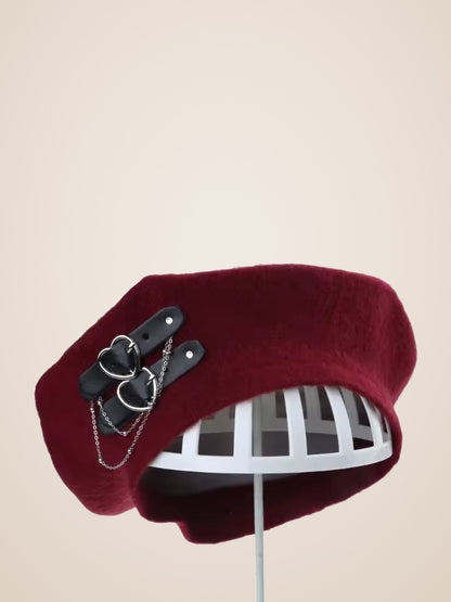 Double Heart Buckle Chain Beret in Wine Red, product photo, side view