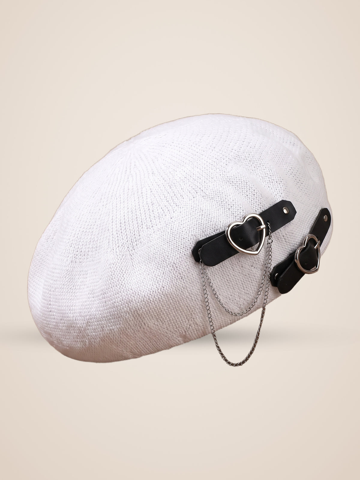 Double Heart Buckle Chain Beret in White, product photo, three quarter view