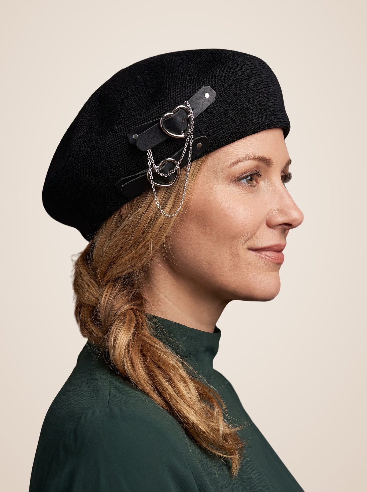 Double Heart Buckle Chain Beret in Black, worn by a model