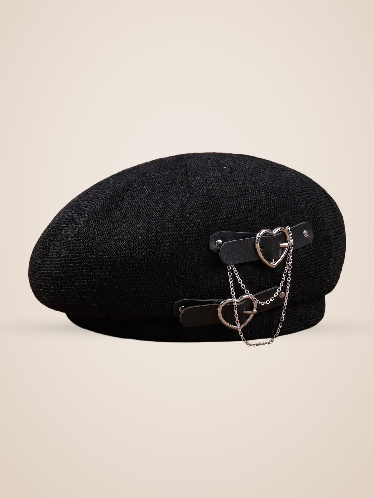 Double Heart Buckle Chain Beret in Black, product photo, side view, left side