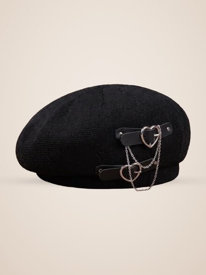 Double Heart Buckle Chain Beret in Black, product photo, side view, left side