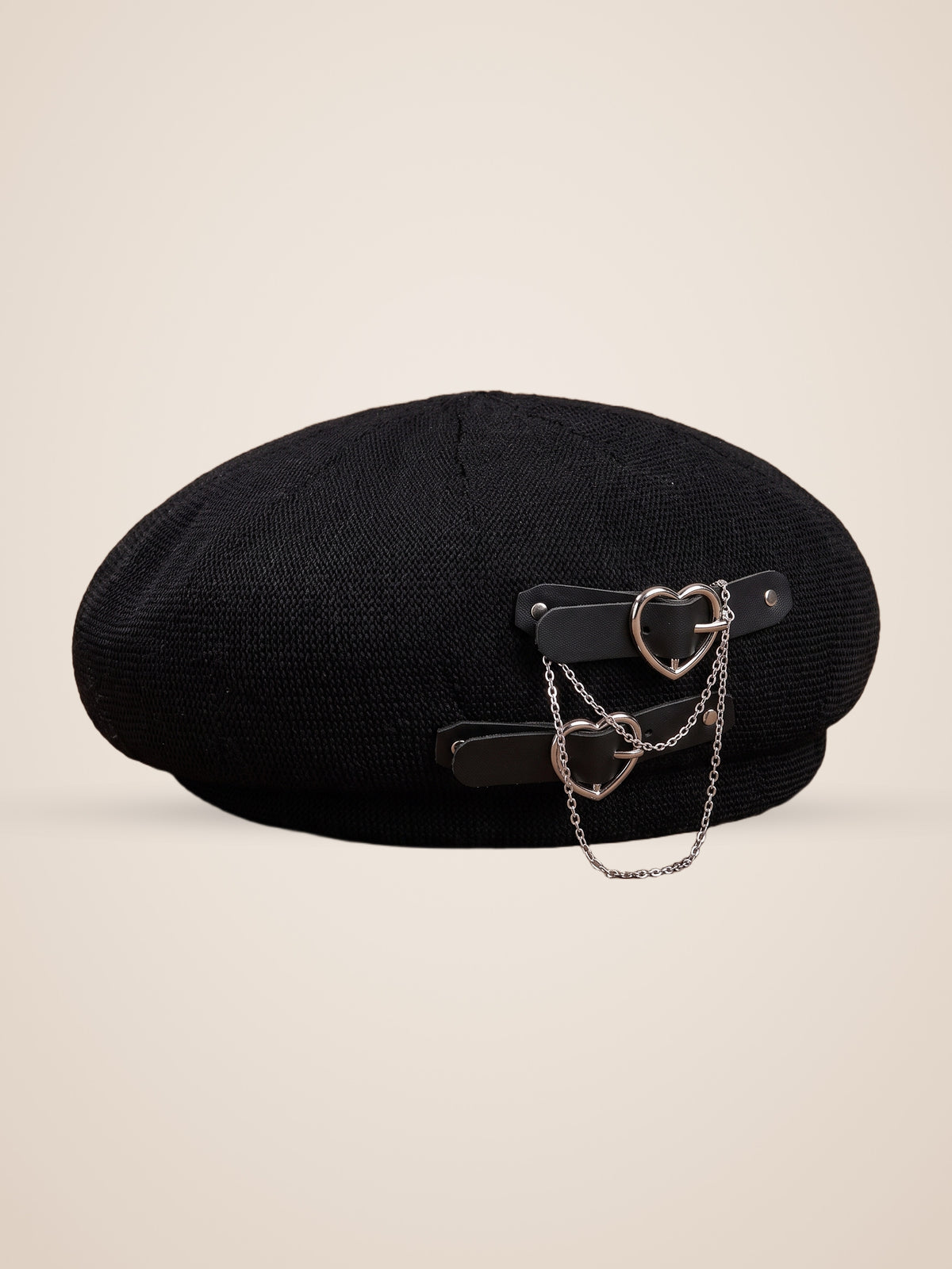 Double Heart Buckle Chain Beret in Black, product photo, three quarter view
