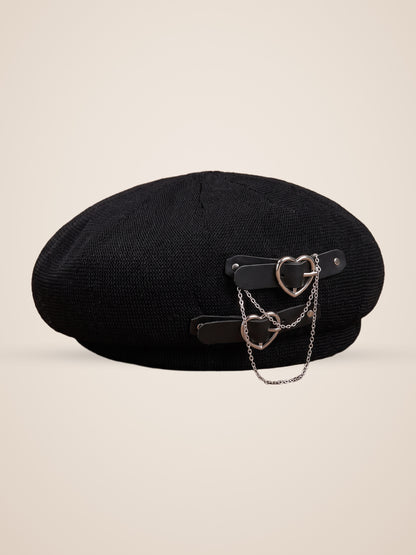Double Heart Buckle Chain Beret in Black, product photo, three quarter view