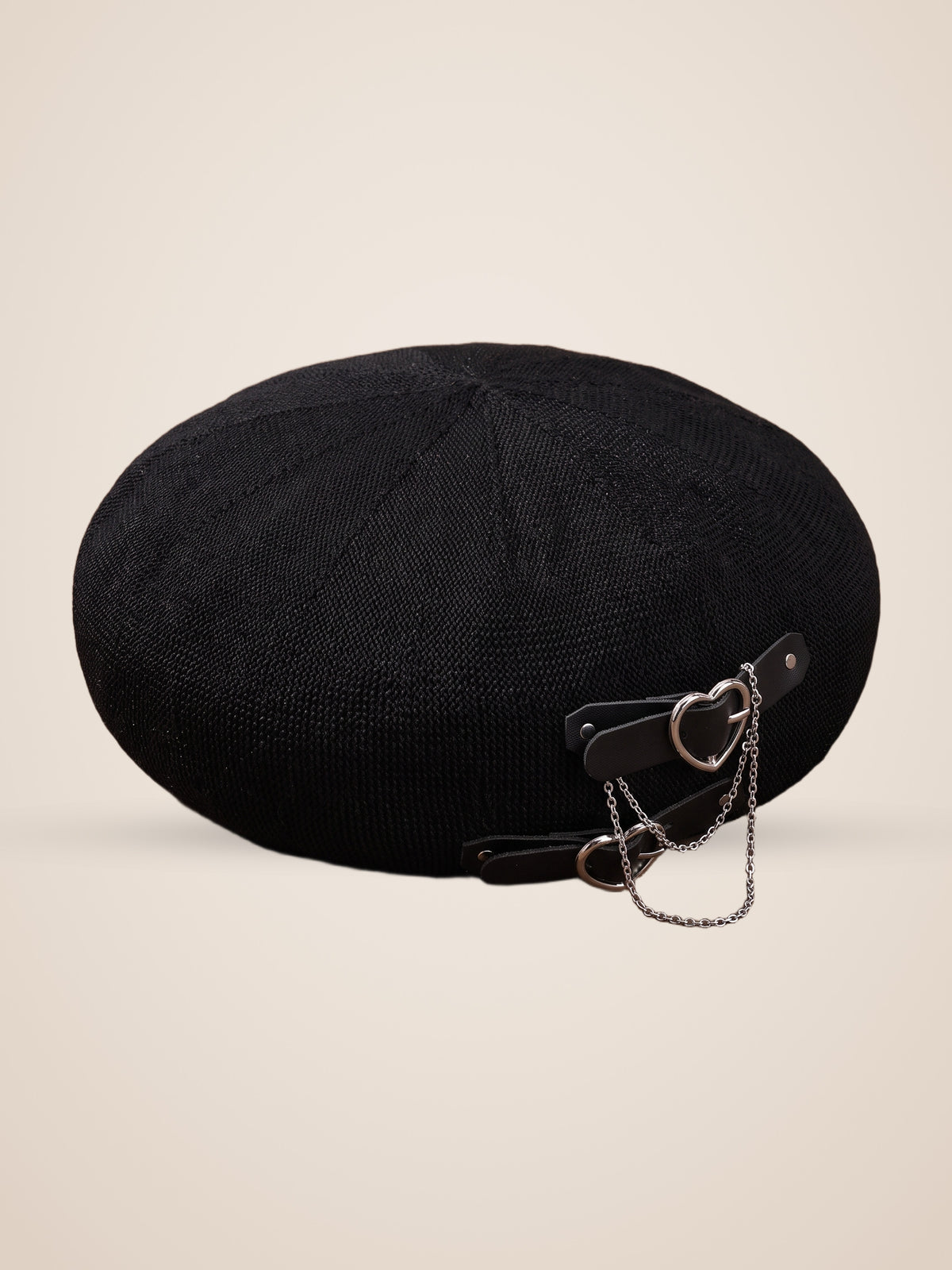 Double Heart Buckle Chain Beret in Black, product photo, back view