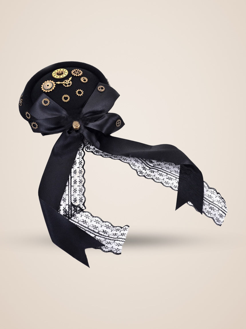 Clockwork Gear Cluster Bow Mini Top Hat in Black, product photo, front view
