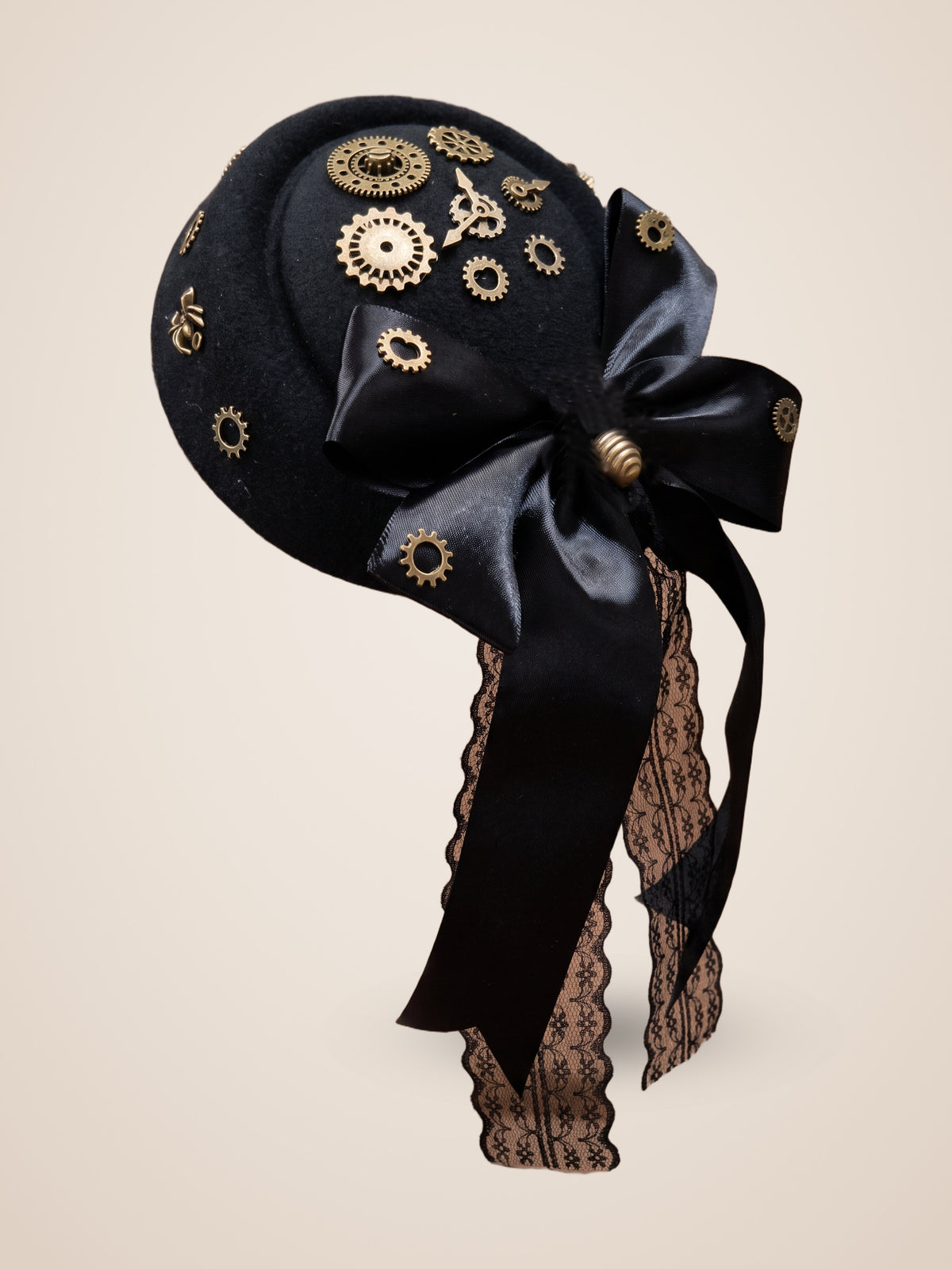 Clockwork Gear Cluster Bow Mini Top Hat in Black, product photo, side view