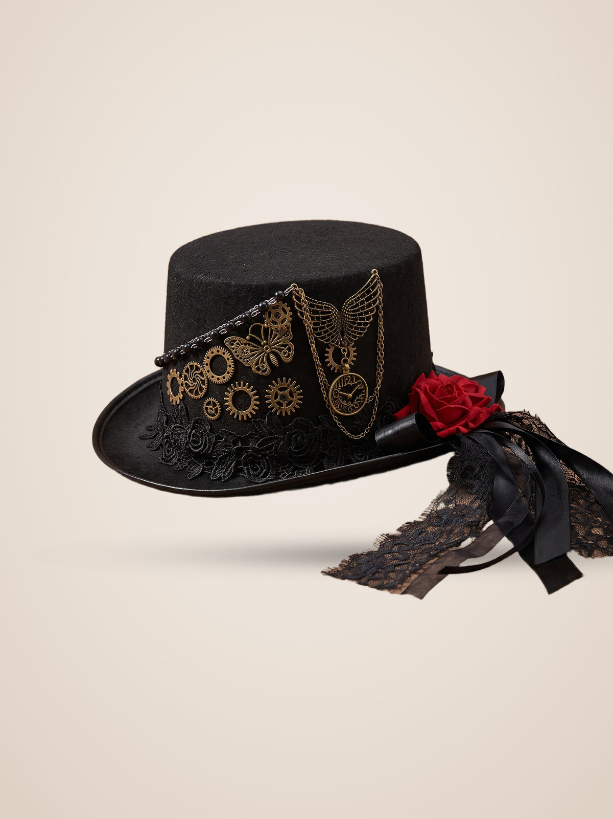 Gear Butterfly Rose Streamer Top Hat in Black, product photo, three quarter view, back right