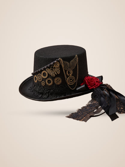 Gear Butterfly Rose Streamer Top Hat in Black, product photo, three quarter view, back right