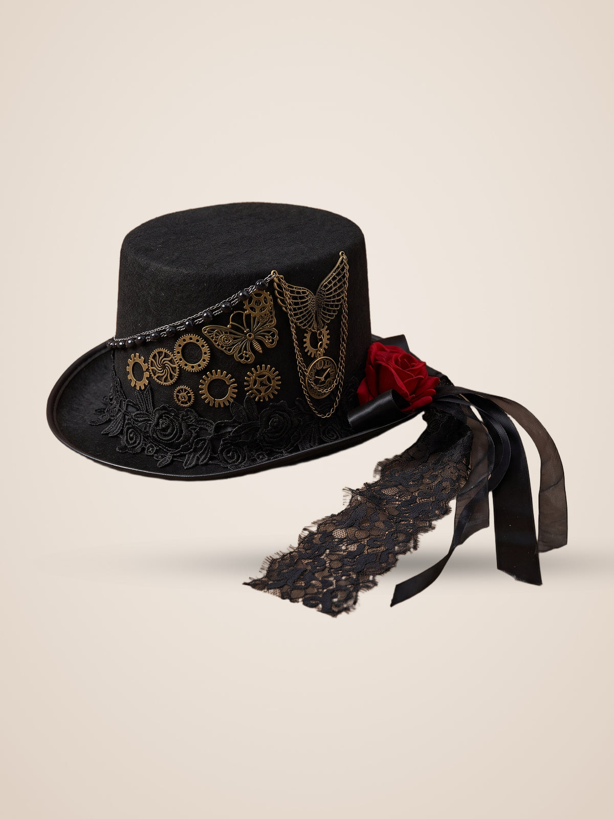 Gear Butterfly Rose Streamer Top Hat in Black, product photo, three quarter view, front right, seen from above, picture 3