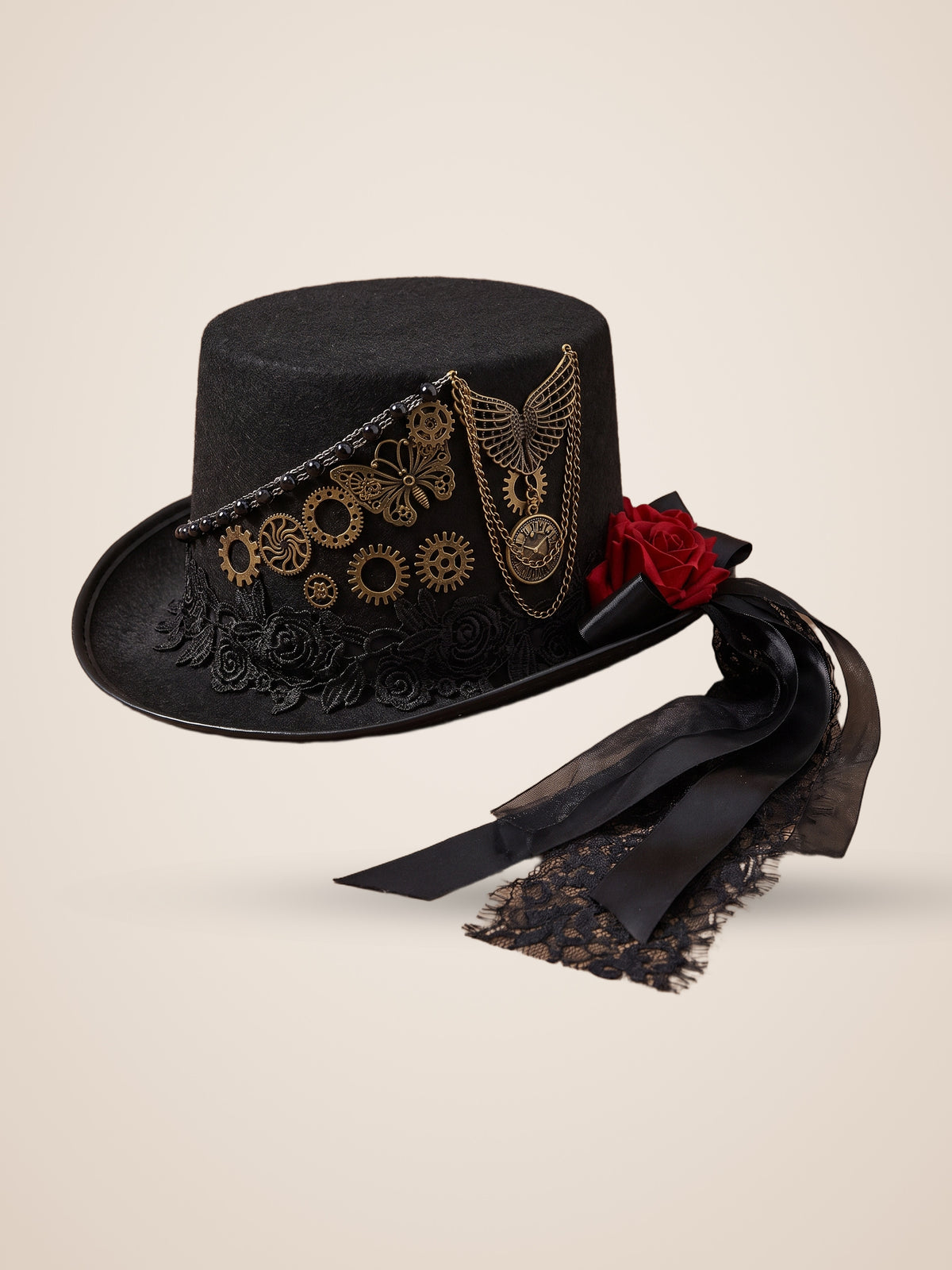 Gear Butterfly Rose Streamer Top Hat in Black, product photo, three quarter view, front right, seen from above, picture 4