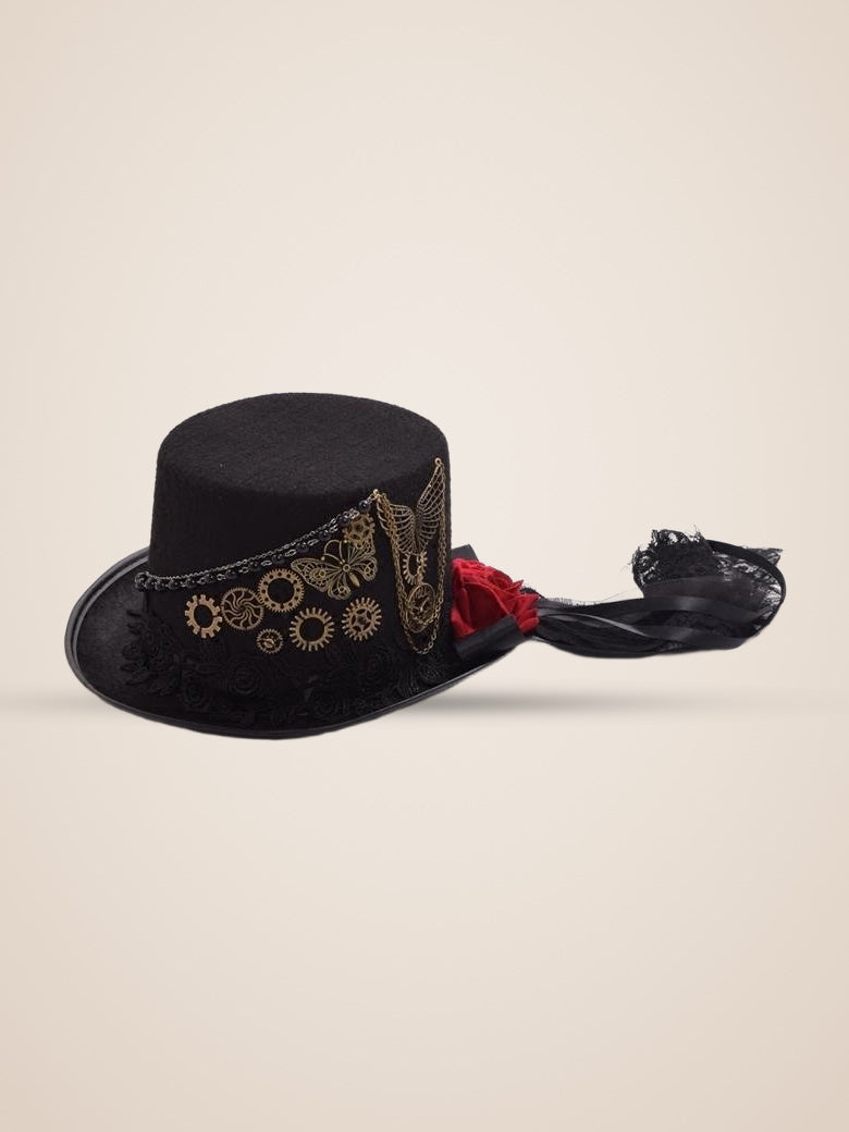 Gear Butterfly Rose Streamer Top Hat in Black, product photo, side view, right side, seen from above, picture 5