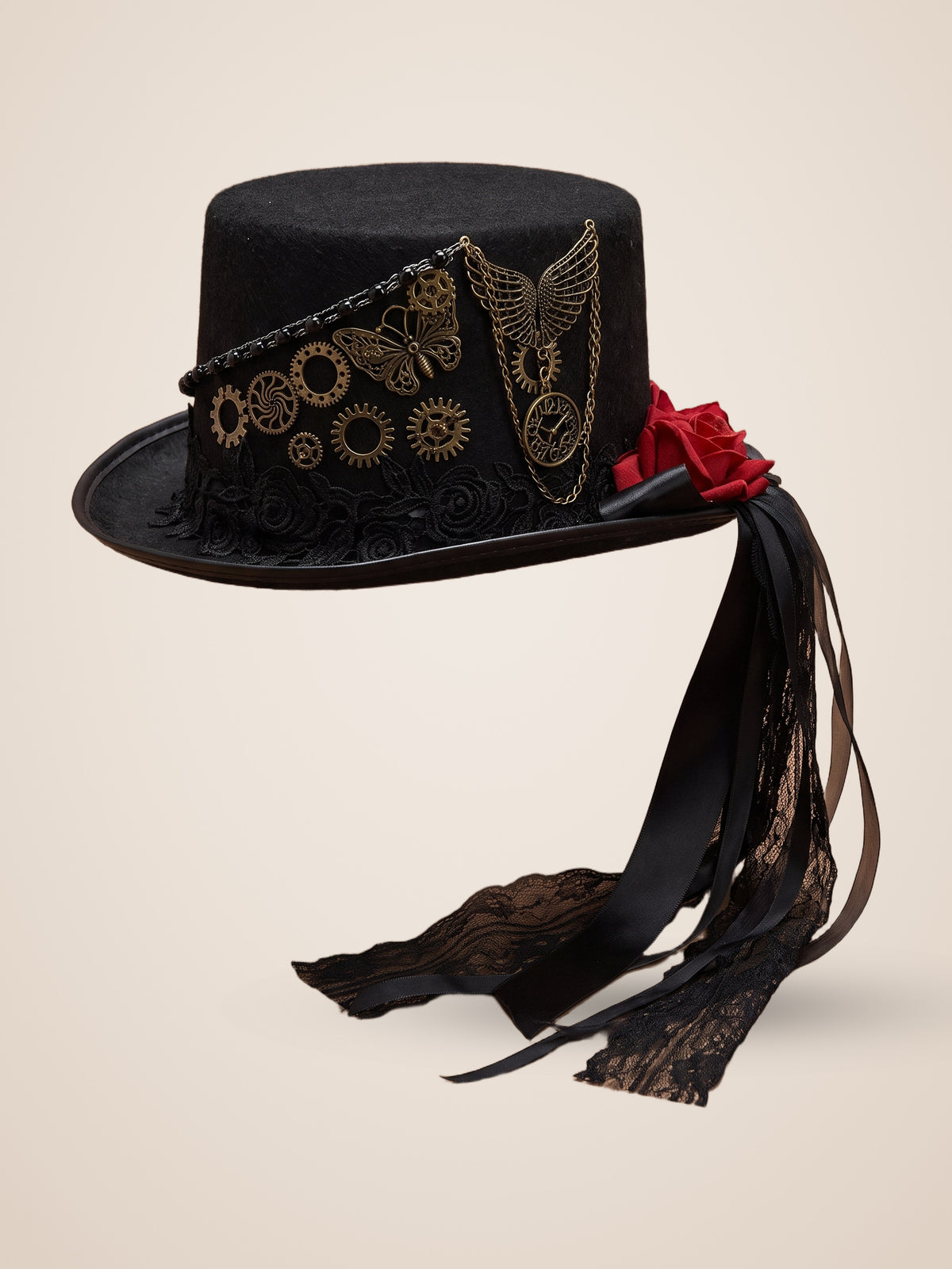 Gear Butterfly Rose Streamer Top Hat in Black, product photo, side view, right side, seen from above, picture 6