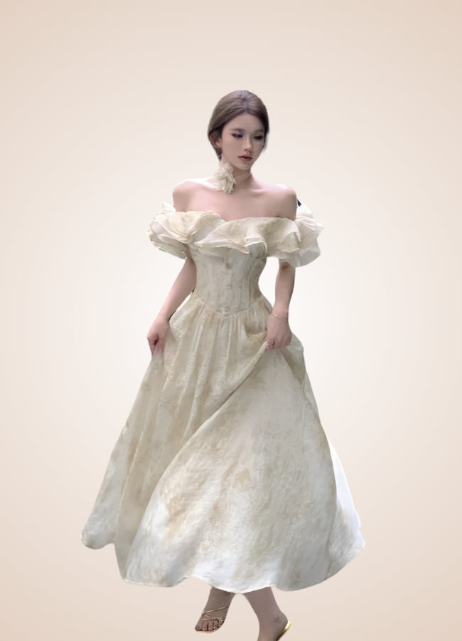 Women's Steampunk Off Shoulder Dress Apricot / M womens-steampunk-off-shoulder-dress-apricot